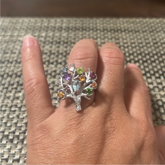 No Label Jewelry - Silver Tree of Life Ring with Colorful Gemstones